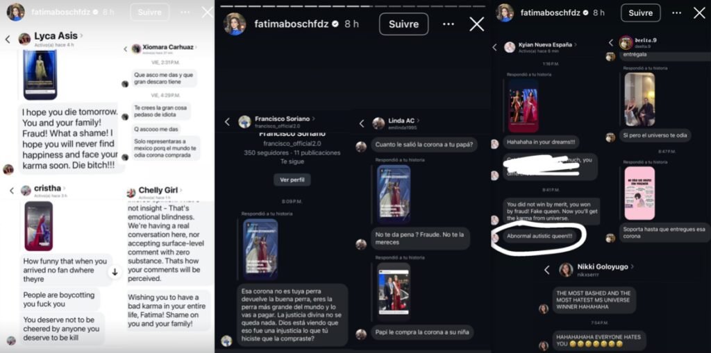 Les messages reçus par Fátima Bosch Fernández, Miss Univers 2025