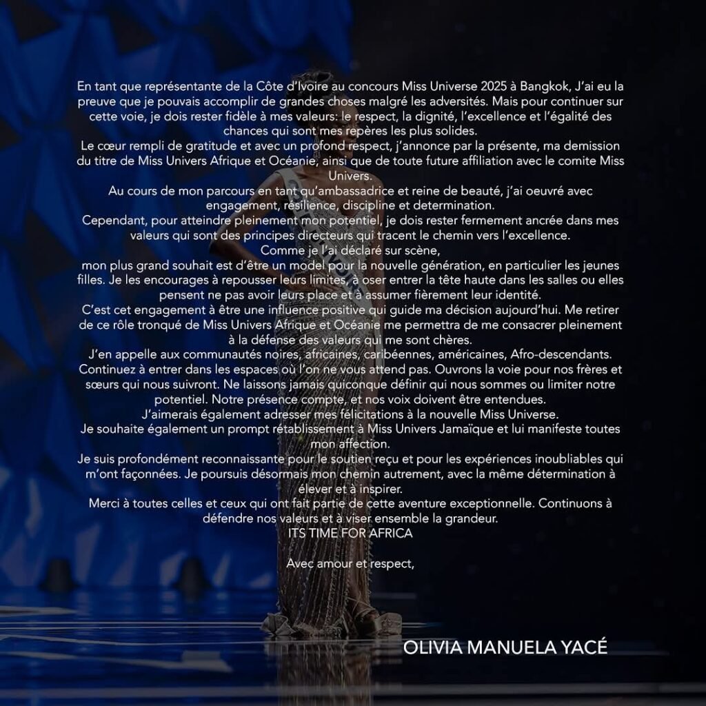 Olivia YACÉ renonce à ses titres de Miss Univers